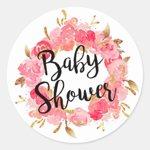 Gold Pink Blossom Wreath Baby Shower Sticker