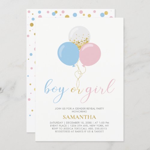 Gold Pink Blue  Gender Reveal Baby Shower Invitation