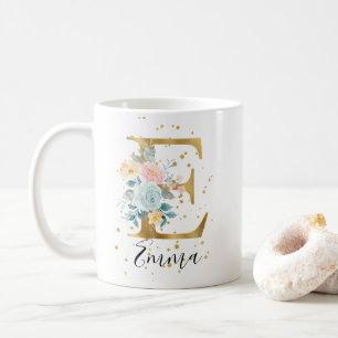 Gold Pink Blue Pastel Floral Watercolor Monogram E Coffee Mug