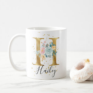 Gold Pink Blue Pastel Floral Watercolor Monogram H Coffee Mug