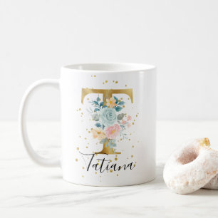 Gold Pink Blue Pastel Floral Watercolor Monogram T Coffee Mug
