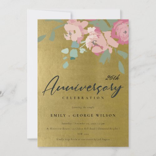 GOLD PINK BLUE PEONY FLORAL ANY YEAR ANNIVERSARY INVITATION