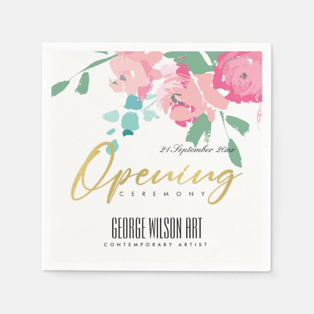 GOLD PINK BLUE PEONY FLORAL GRAND OPENING CEREMONY NAPKINS (Front)