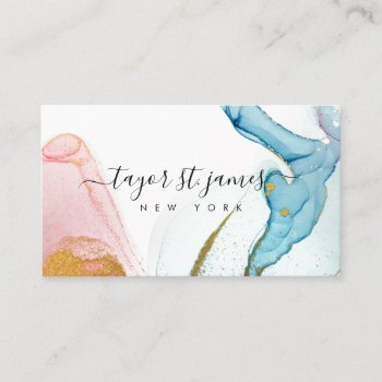 Gold Pink Blue Watercolor Painting Splatter Business Card by TwoTravelledTeens at Zazzle