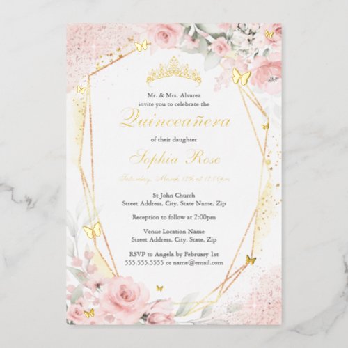 Gold Pink Blush Butterfly Floral Quinceanera Foil Invitation