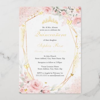Gold Pink Blush Butterfly Floral Quinceanera Foil Invitation by LittleBayleigh at Zazzle