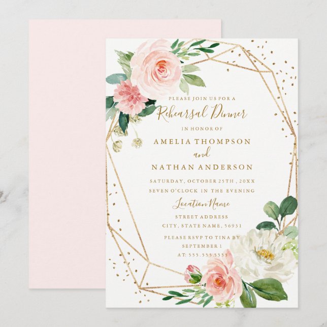 Gold Pink Blush Floral Geometric Rehearsal Dinner Invitation (Front/Back)