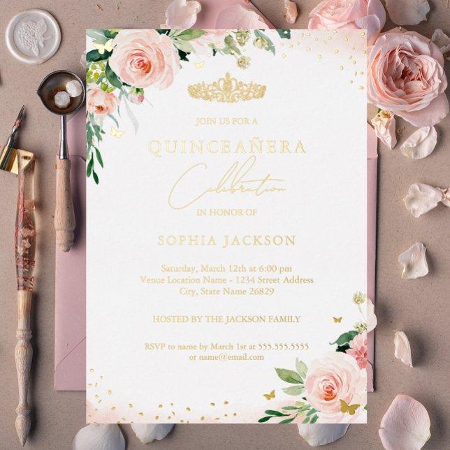 Gold Pink Blush Floral Quinceanera Birthday  Foil Invitation (Creator Uploaded)