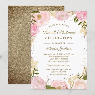 Gold Pink Blush Floral Watercolor Sweet Sixteen Invitation