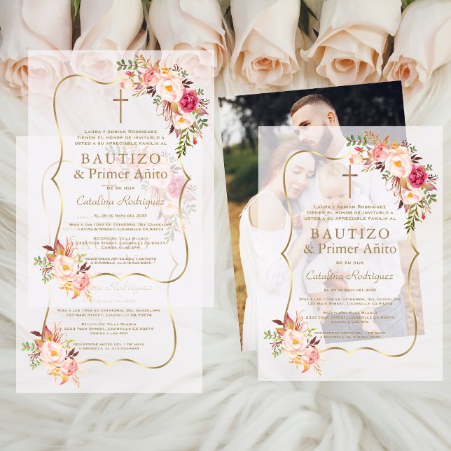 Gold Pink Blush Flowers 1st Birthday Baptism  Vellum Invitations (Creator Uploaded)