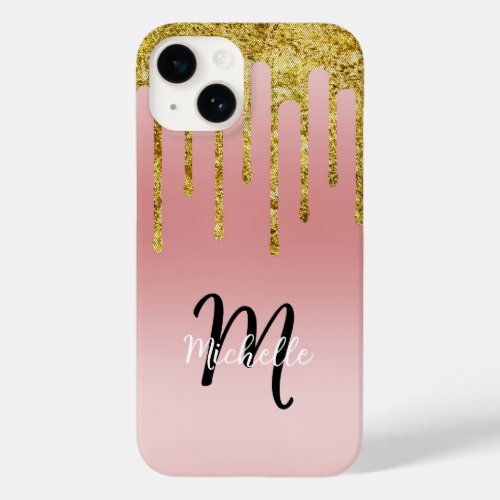 Gold Pink Blush Glitter Drip Monogram Sparkle Cute Case_Mate iPhone 14 Case