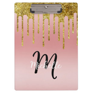 Gold Pink Blush Glitter Drip Monogram Sparkle Cute Clipboard
