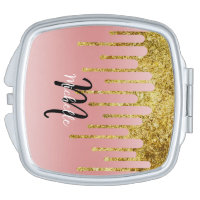 Monogram Metallic Rose Gold Pink Glitter Drips Compact Mirror