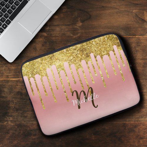 Gold Pink Blush Glitter Drip Monogram Sparkle Cute Laptop Sleeve
