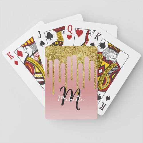 Gold Pink Blush Glitter Drip Monogram Sparkle Cute Poker Cards