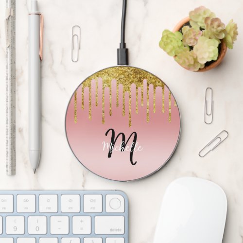 Gold Pink Blush Glitter Drip Monogram Sparkle Cute Wireless Charger