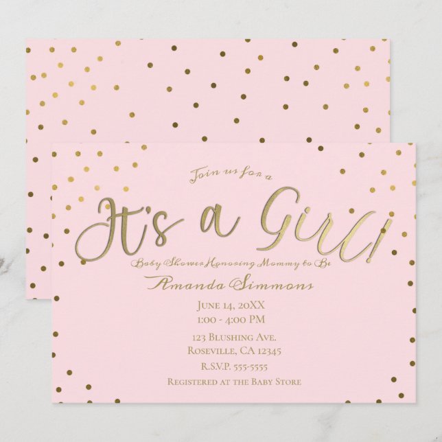 Gold & Pink Blush Modern It's a Girl Baby Shower Invitation (Front/Back)