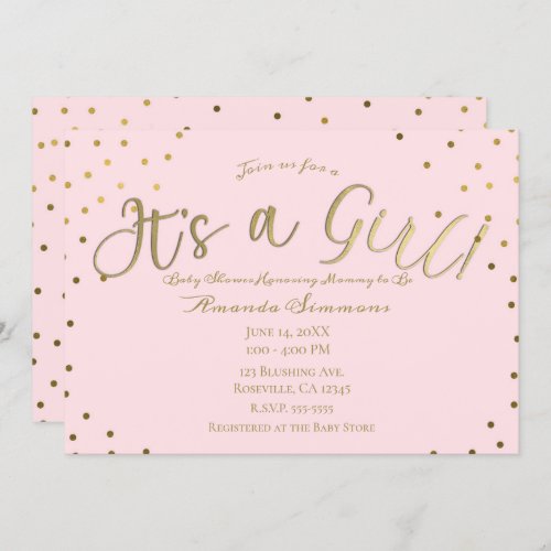 Gold  Pink Blush Modern Its a Girl Baby Shower Invitation