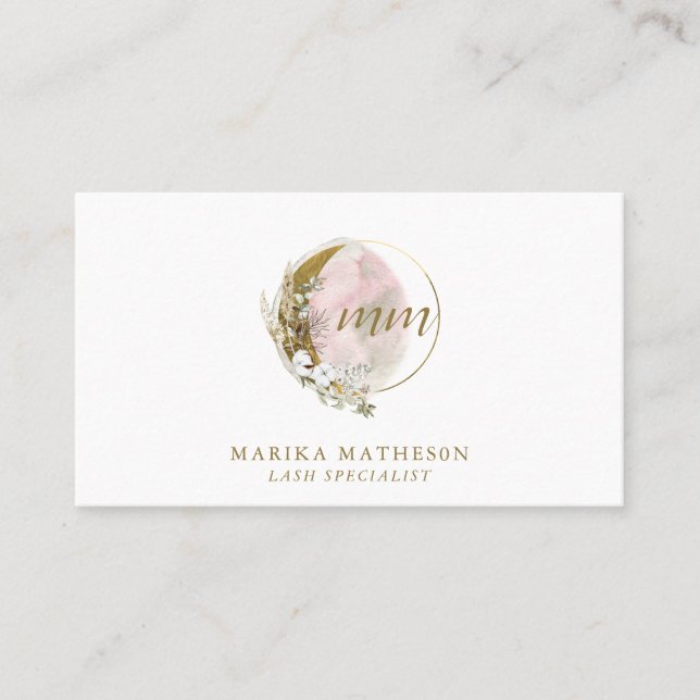 Gold Pink Blush Monogram Watercolor Celestial Business Card (Front)