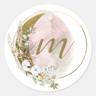 Gold Pink Blush Monogram Watercolor Celestial Classic Round Sticker