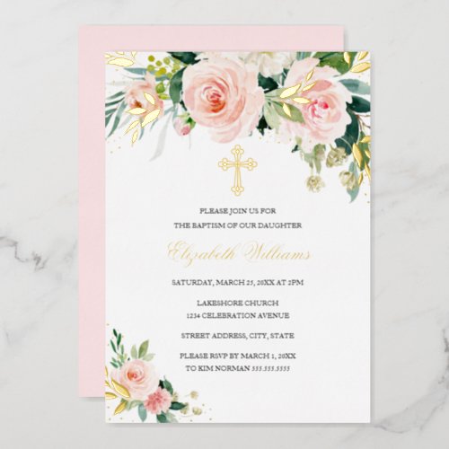 Gold Pink Blush Watercolor Floral Girl Baptism  Foil Invitation