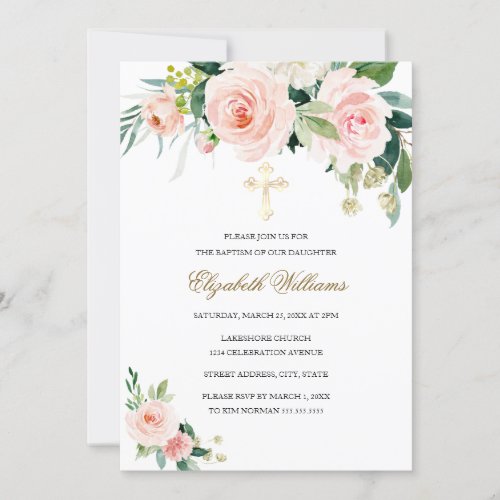 Gold Pink Blush Watercolor Floral Girl Baptism Invitation