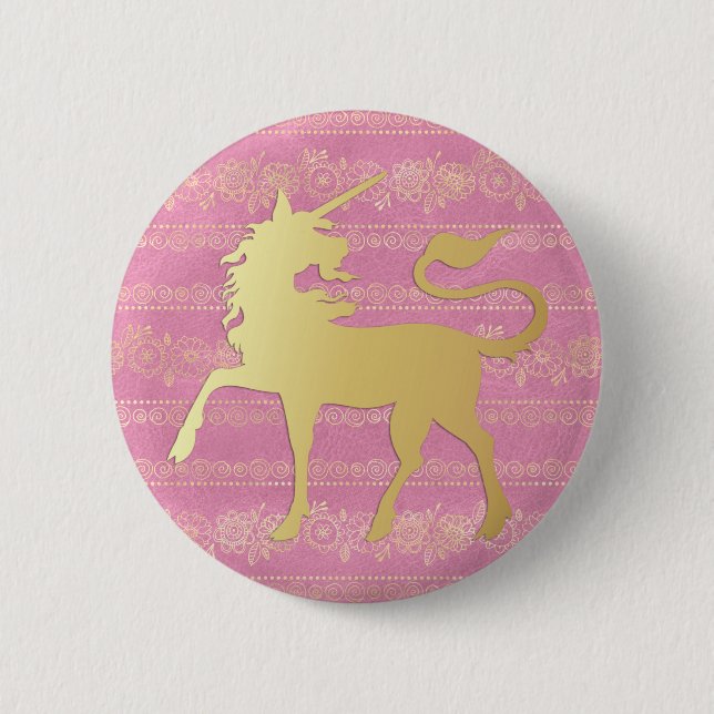 Gold & Pink Bohemian Pattern & Unicorn Button (Front)
