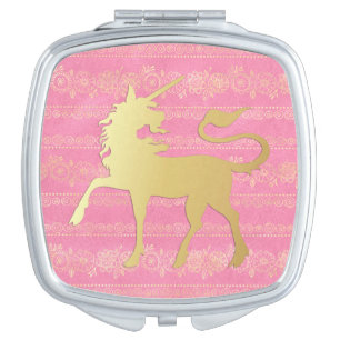 Gold & Pink Bohemian Pattern & Unicorn Compact Mirror