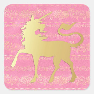Gold & Pink Bohemian Pattern & Unicorn Square Sticker