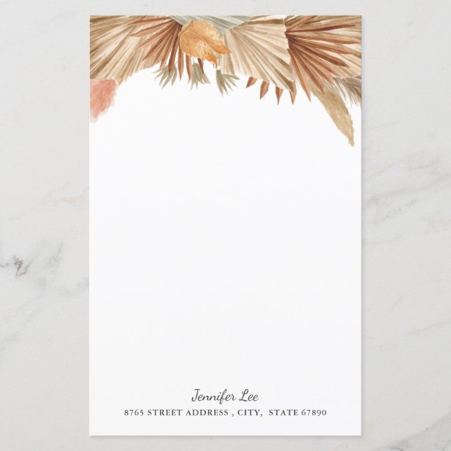 Gold Pink Boho Pampas Grass Stationery Paper (Front)