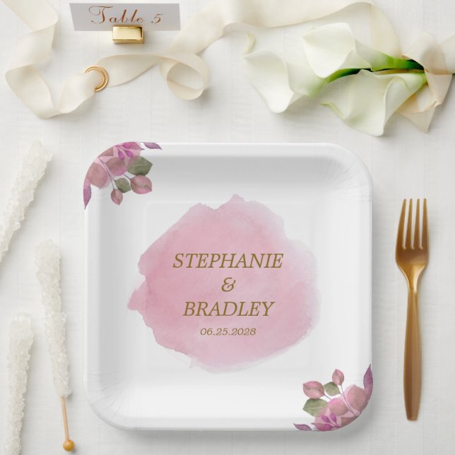 Gold Pink Botanical Elegant Simple Modern Wedding Paper Plates (Wedding)