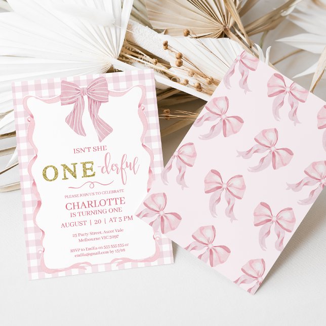 Gold Pink Bow Isn't She Onederful 1st Birthday Invitation (Pink Bow Isn't She Onederful 1st Birthday Invitation Baby Girl,
Onederful First Birthday Invitation)