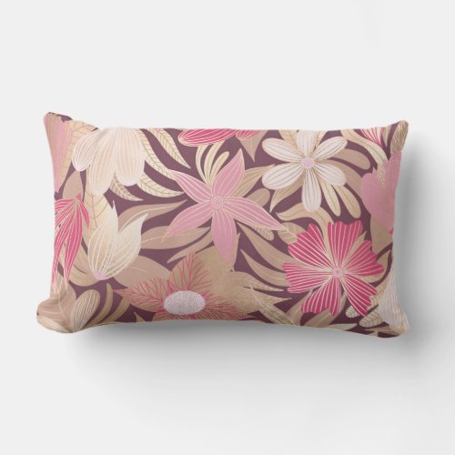 Gold Pink Burgundy Floral Leaves Illustrations Lumbar Pillow