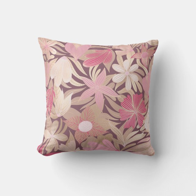 Gold Pink Burgundy Floral Leaves Illustrations Outdoor Pillow (Front)