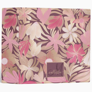 Gold Pink Burgundy Floral Leaves Monogram 3 Ring Binder