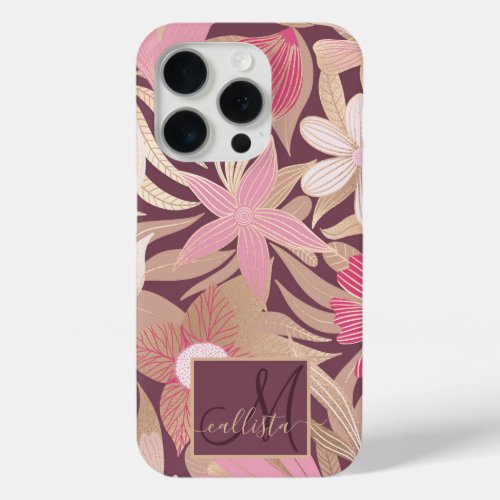 Gold Pink Burgundy Floral Leaves Monogram iPhone 15 Pro Case