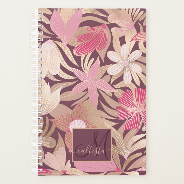 Gold Pink Burgundy Floral Leaves Monogram Planner (Front)