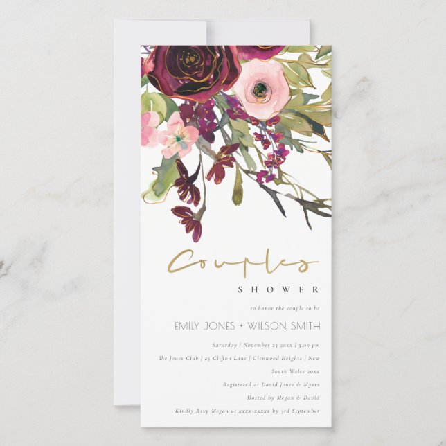 GOLD PINK BURGUNDY ROSE FLORA COUPLE SHOWER INVITE (Front)