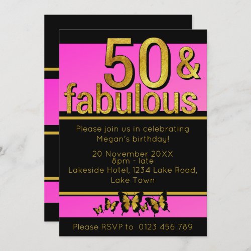 Gold Pink Butterfly Fifty  Fabulous 50th Birthday Invitation