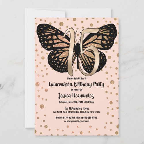 Gold Pink Butterfly Glitter Confetti Quinceaera Invitation