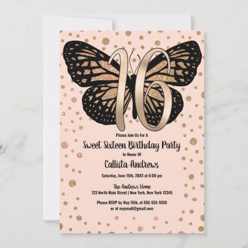 Gold Pink Butterfly Glitter Confetti Sweet 16 Invitation