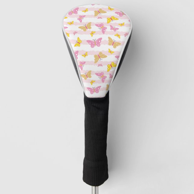 Gold & Pink Butterfly Golf Head Cover (Front)