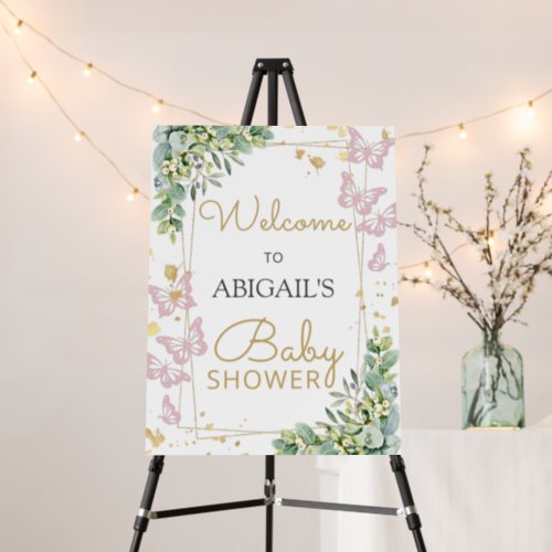 Gold Pink Butterfly Greenery Baby Shower Welcome Foam Board