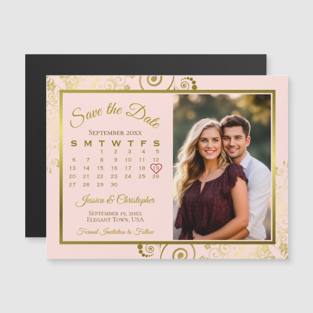 Gold & Pink Calendar & Photo Save the Date Magnet (Front/Back)