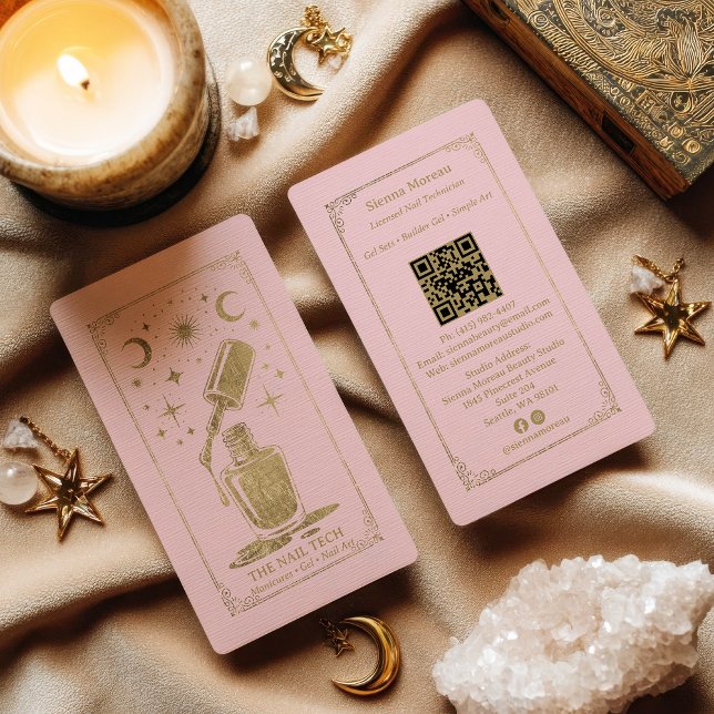 Gold Pink Celestial Tarot Nail artist QR Code Business Card (Gold Pink Celestial Tarot Nail artist QR Code Business Card)