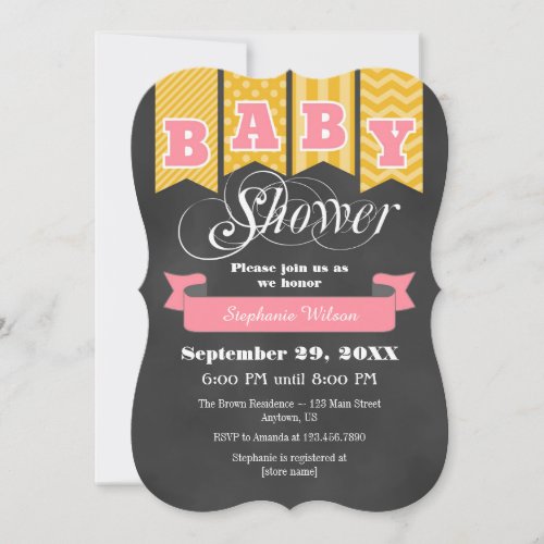 Gold Pink Chalkboard Flag Baby Shower Invite