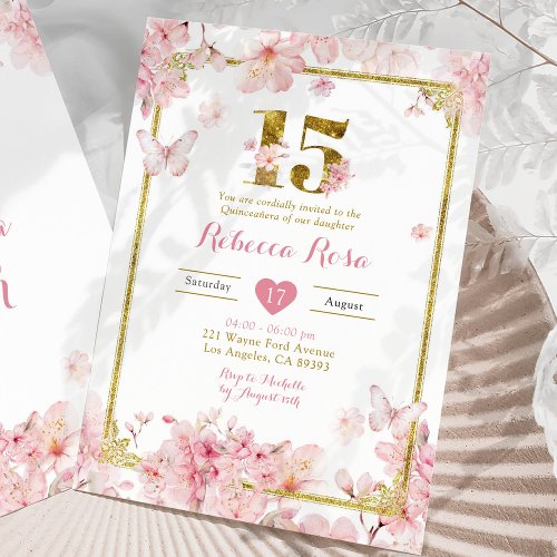 Gold Pink Cherry Blossom Floral Girl Royal 15 Aos Invitation