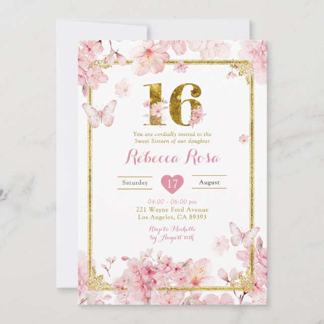 Gold Pink Cherry Blossom Floral Girl Sweet 16 Invitation (Front)