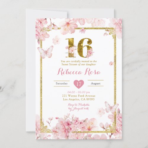 Gold Pink Cherry Blossom Floral Girl Sweet 16 Invitation