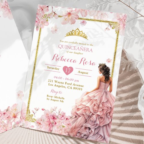 Gold Pink Cherry Blossom Princess Quinceaera Invitation